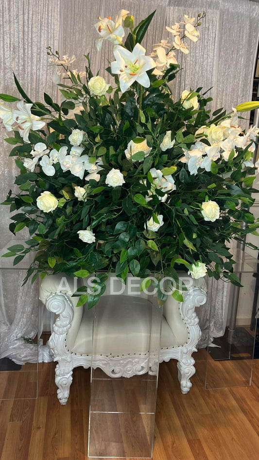 Artificial White and Greenery Flowers with clear plinths Hire