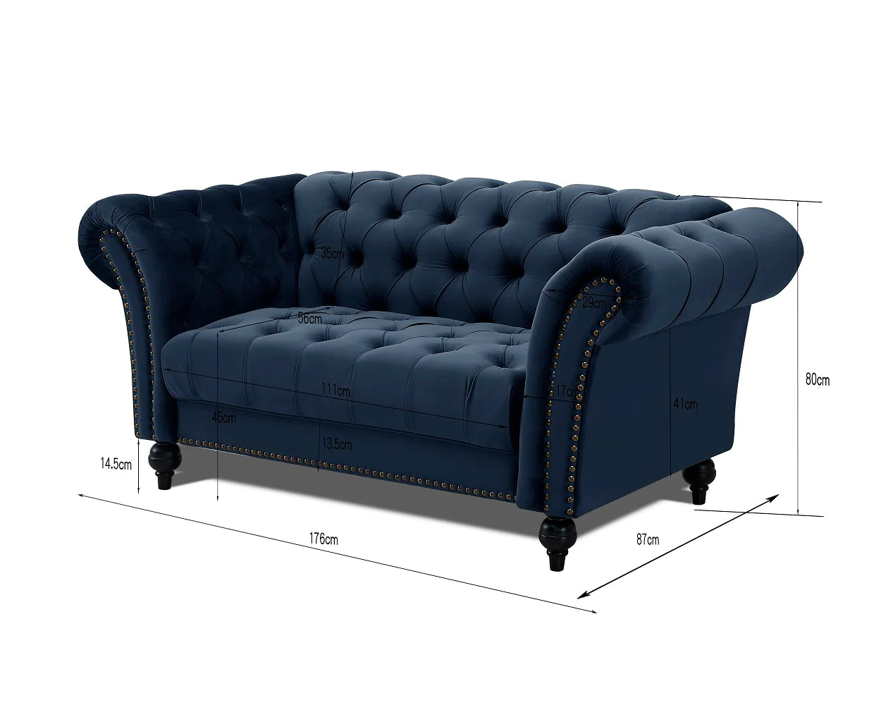 Velvet Fabric 2 Seater Sofa in enchanting Midnight Blue Rental