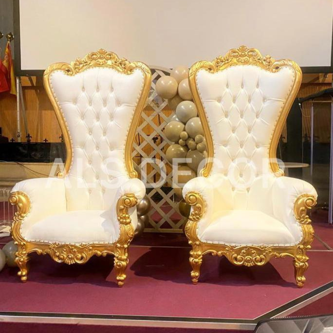 Elegant White and Gold Throne Chairs for Rent - Regal Seating for Special Occasions