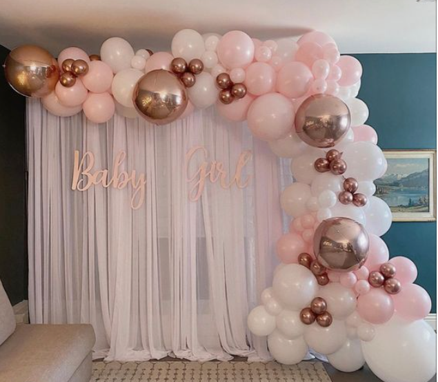 Elegant White Curtain Rental Baby Shower Backdrop with Balloon Arch and Custom Sign