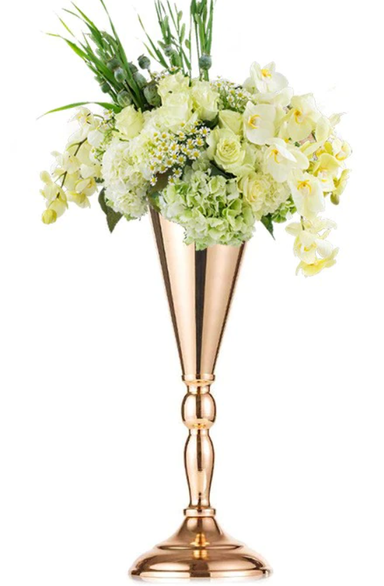 Elegant Gold Metal Curvy Trumpet Centerpieces Hire